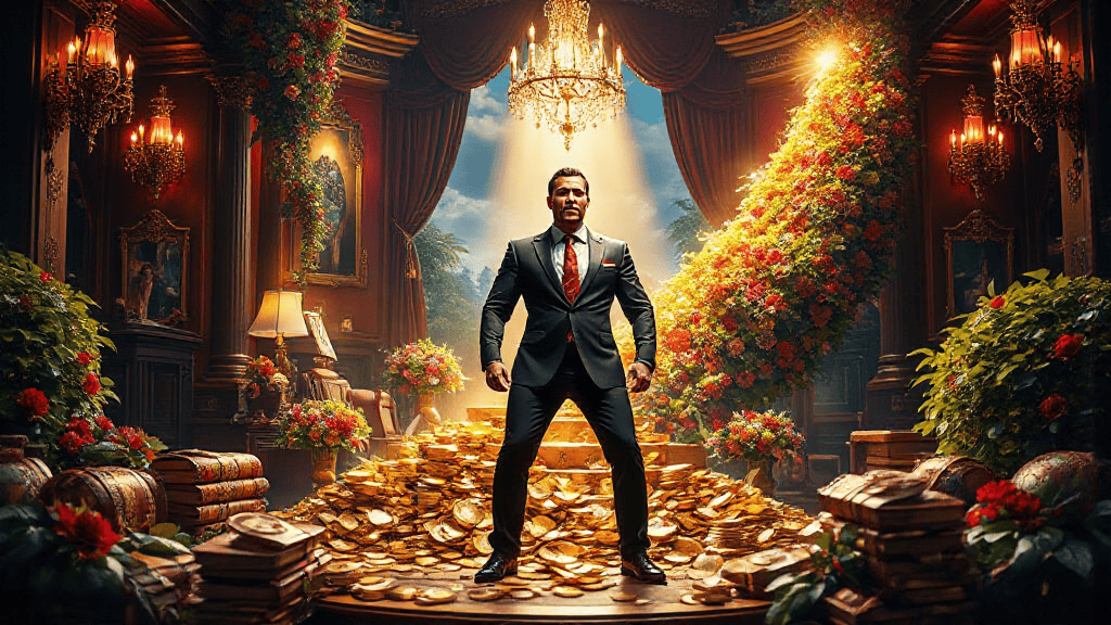 A man in a suit stands confidently on a pile of gold coins in an opulent room with lush plants and a chandelier.