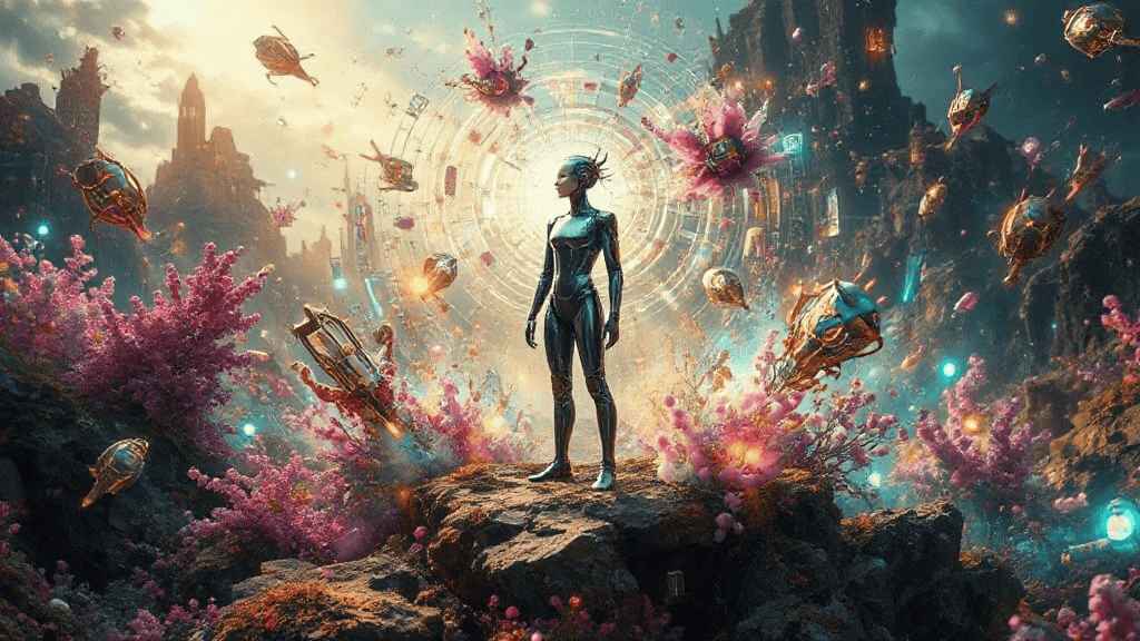 Futuristic figure in metallic suit stands on rocks, surrounded by floating structures and vibrant pink flora, with a cityscape backdrop and circular glowing design in the sky.