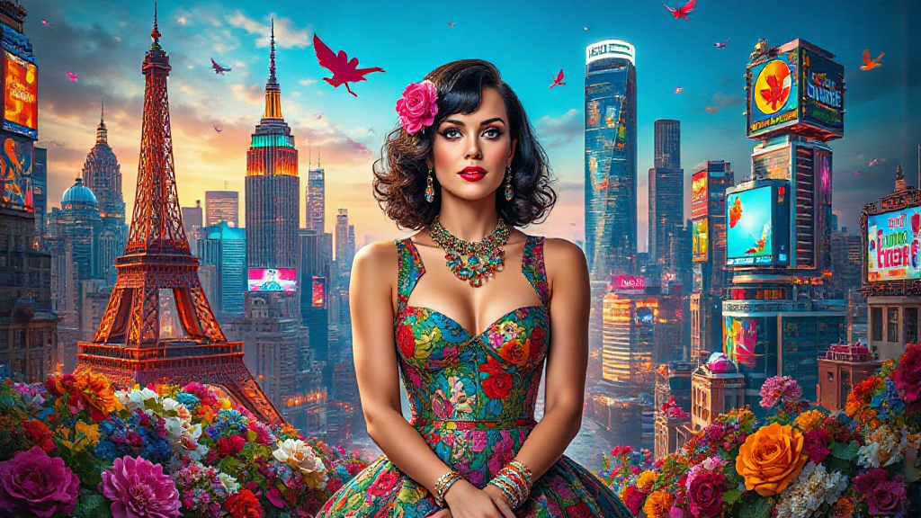 A woman in a colorful dress stands amid vibrant flowers, with a backdrop of iconic skyscrapers and the Eiffel Tower under a vivid sunset sky.