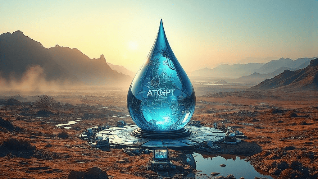 A large, transparent blue water droplet structure labeled "ATCGPT" stands on a futuristic platform in a mountainous desert landscape at sunrise.