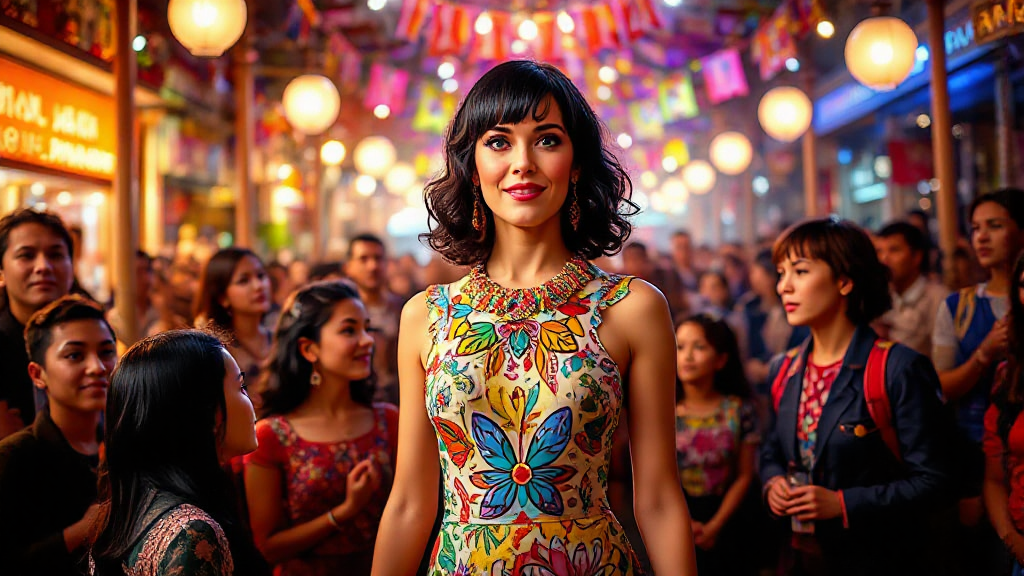 A woman in a colorful floral dress stands confidently in a vibrant, lantern-lit street market crowded with people.
