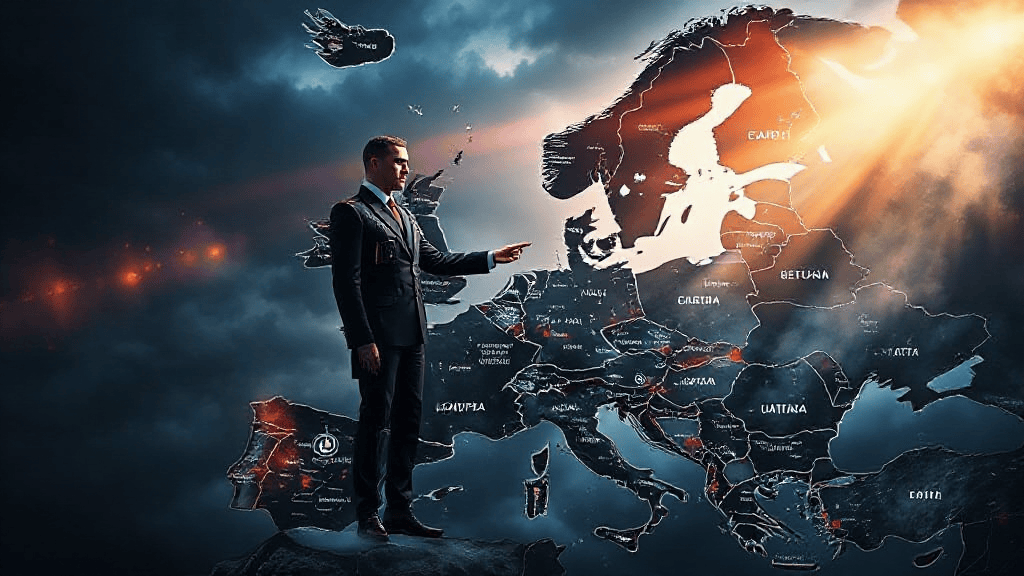 A man in a suit stands on a digital map of Europe, pointing. The map is dark with bright highlights, and the sky is dramatic with clouds and rays of light.