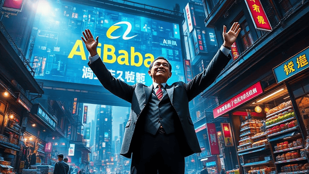 A man in a suit stands smiling with arms raised in a bustling street, featuring numerous signs. An Alibaba billboard is prominent in the background.
