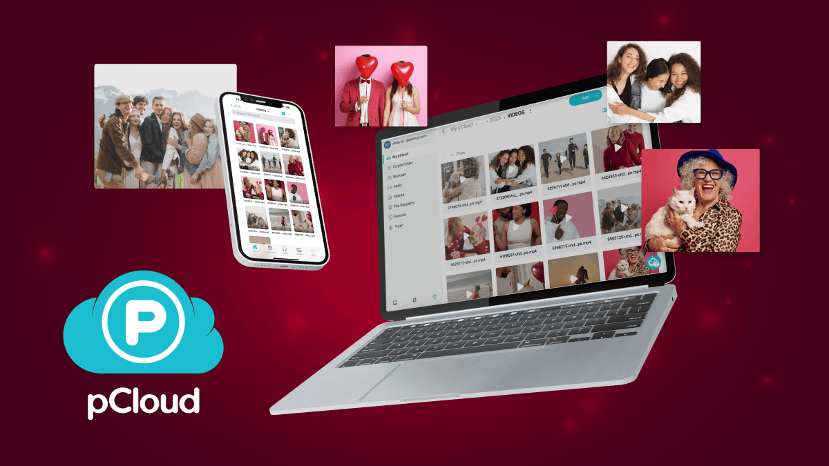 A laptop and smartphone display photos in a cloud storage interface with additional images floating around. pCloud logo is on a burgundy background.