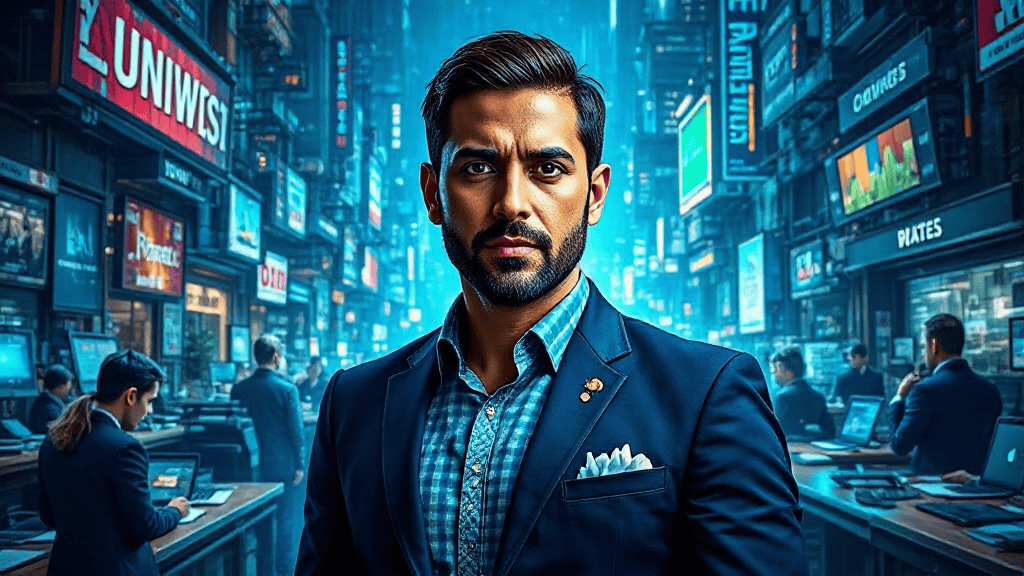 Man in a blue suit stands in a bustling, neon-lit street filled with screens and signs.