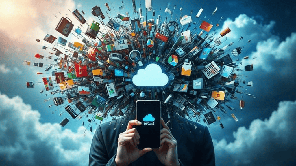 Person holding a smartphone with a cloud icon, surrounded by a colorful explosion of apps and icons, symbolizing digital connectivity.