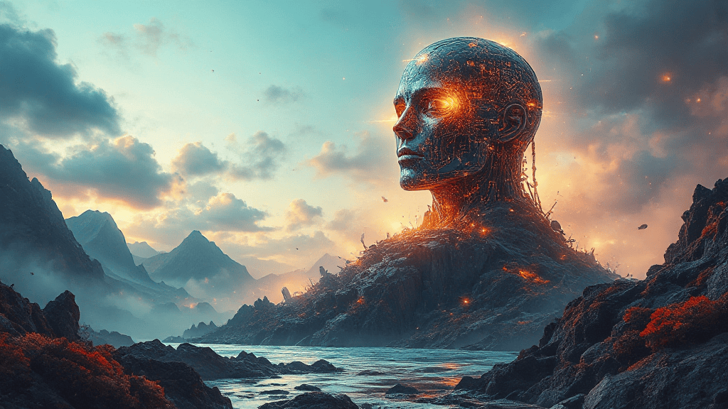 Massive humanoid head structure with glowing elements rises from a rocky landscape against a mountainous backdrop and cloudy sky.