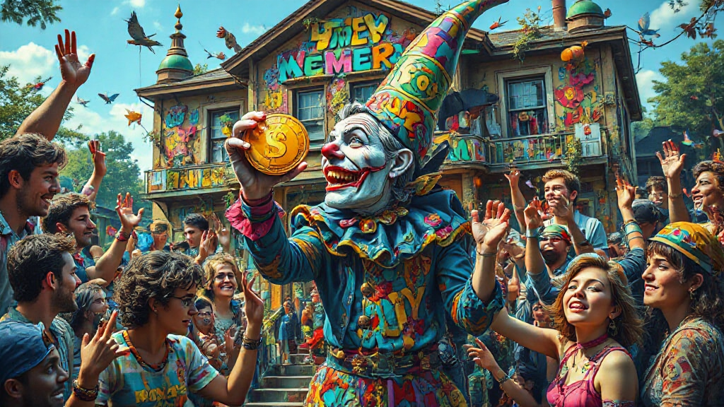 A colorful clown holding a large coin stands in front of a decorated house, surrounded by a cheering crowd during a lively outdoor celebration.