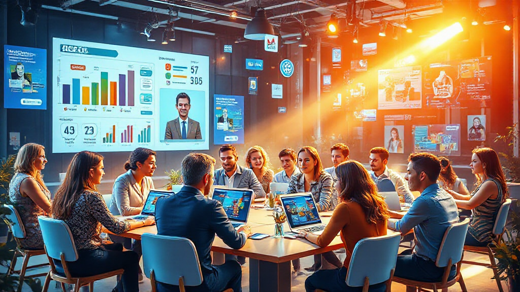 A group of people seated around a table in a brightly lit office, engaging in a meeting with digital screens displaying charts and a person on a video call.