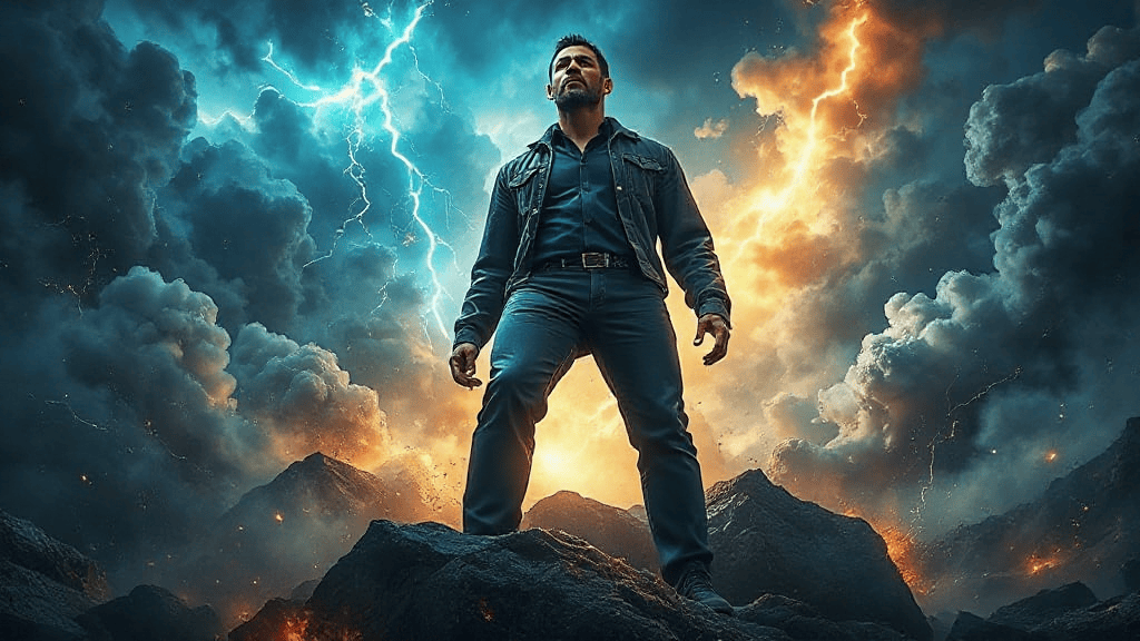 A man stands confidently on a rock surrounded by dramatic lightning and fiery clouds in the sky.