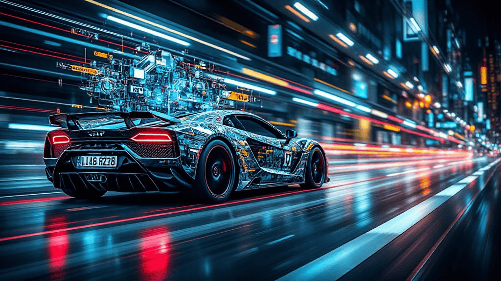 A futuristic sports car speeds down a brightly lit city street at night, with digital displays projected above it.