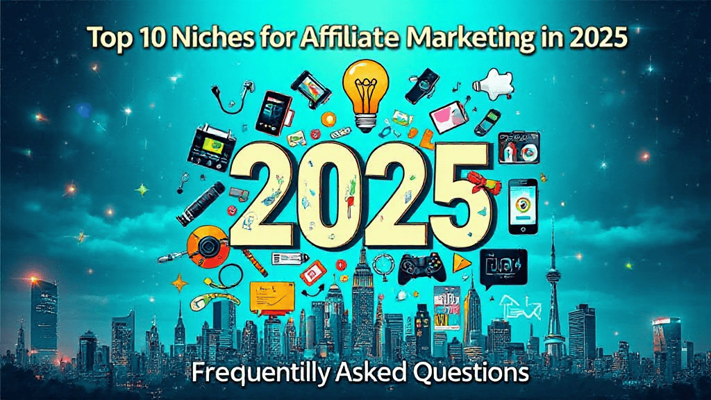 Illustrated city skyline with a digital collage of technology and gadgets, highlighting "Top 10 Niches for Affiliate Marketing in 2025" and "Frequently Asked Questions.