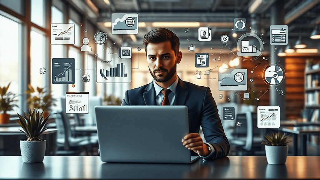 A man in a suit sits at a laptop in a modern office, surrounded by floating digital icons of graphs and charts.