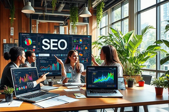 Four people discussing SEO strategies in a modern office with laptops displaying graphs and charts, surrounded by plants and large windows.