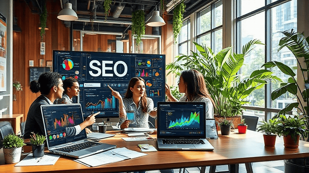 Four people discussing SEO strategies in a modern office with laptops displaying graphs and charts, surrounded by plants and large windows.