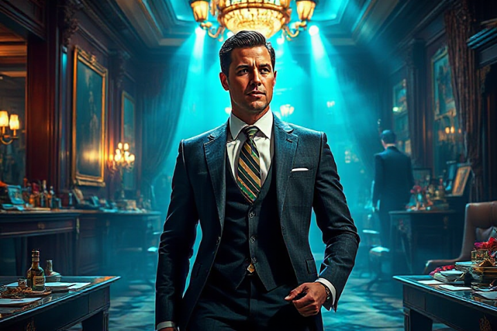 A man in a suit stands confidently in an opulent, dimly lit room with chandeliers and luxurious decor.