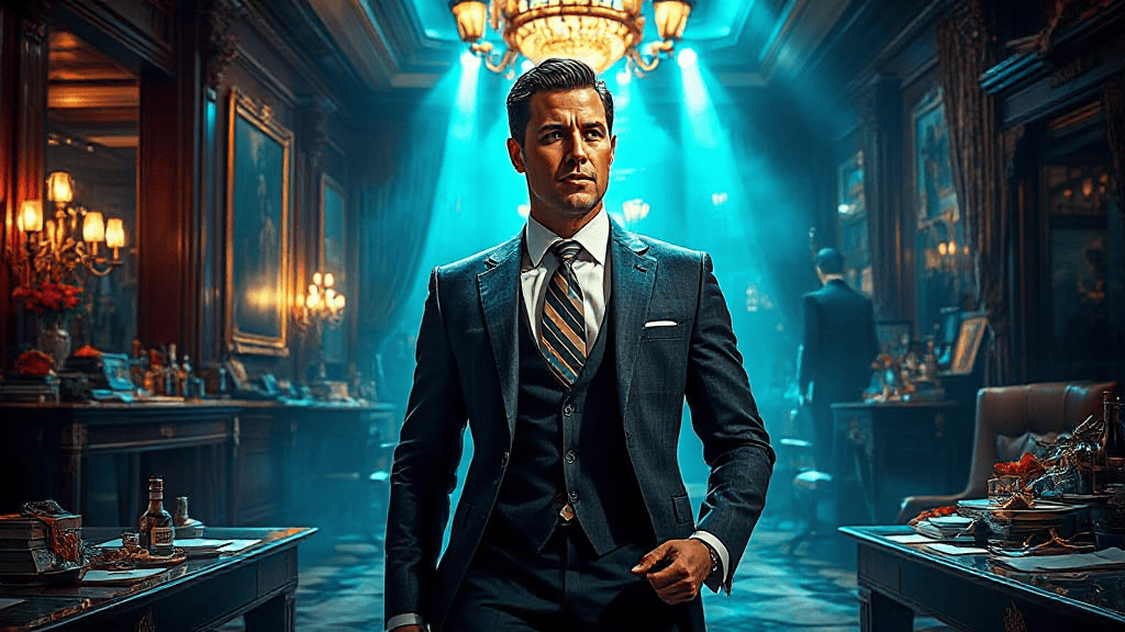 A man in a suit stands confidently in an opulent, dimly lit room with chandeliers and luxurious decor.