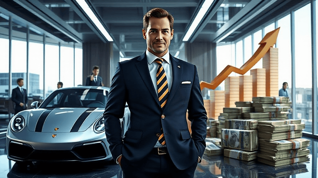 A man in a suit stands confidently in front of a luxury car, with stacks of money and a rising graph in the background, suggesting financial success.