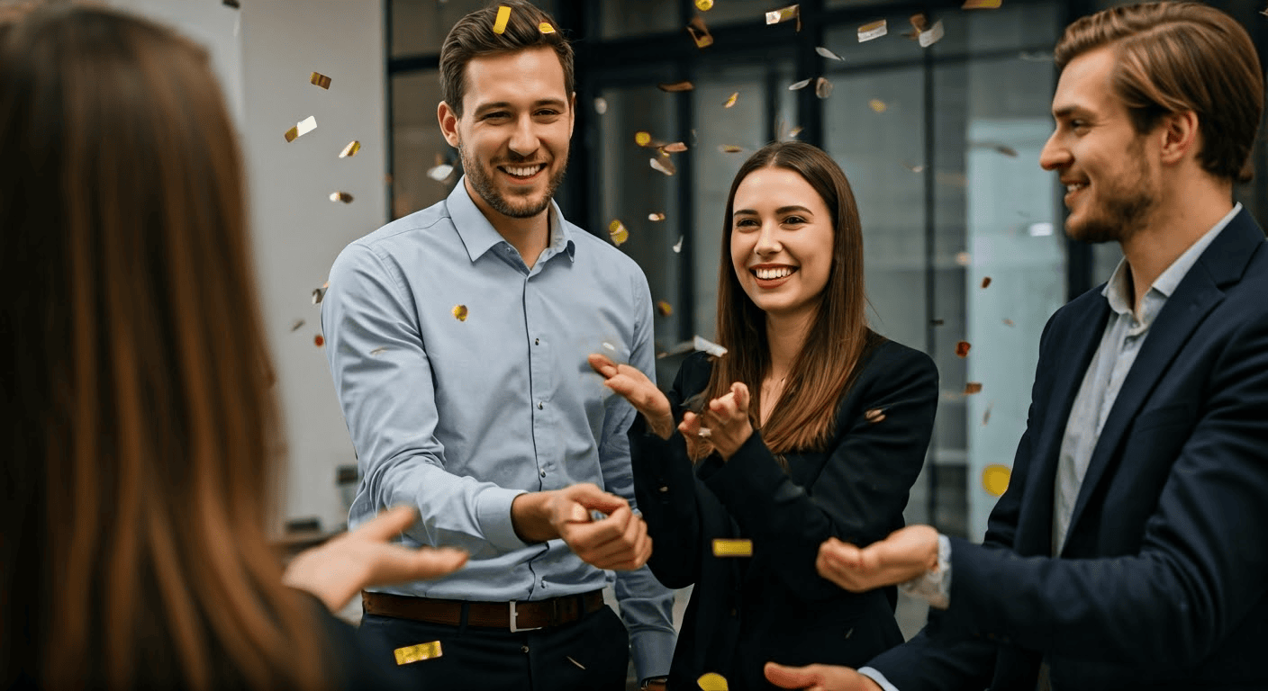 Four people in business attire celebrating with confetti indoors, smiling and clapping.