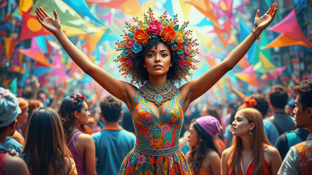 Woman wearing a vibrant dress and flower crown raises arms at a colorful festival with flags and crowd in background.