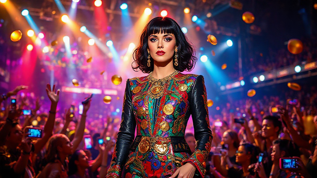 A woman in a colorful, patterned outfit stands confidently on a stage amidst a cheering crowd, with vibrant lights and floating gold coins in the background.