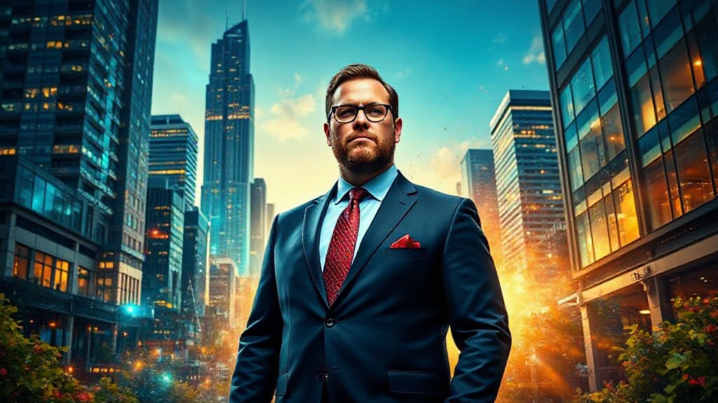 Man in a suit stands confidently in a cityscape, surrounded by skyscrapers and a vibrant sky.