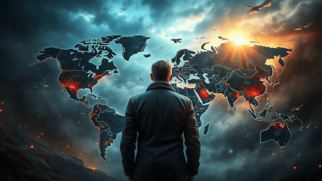 A person standing in front of a burning world map with dramatic skies and fiery regions.