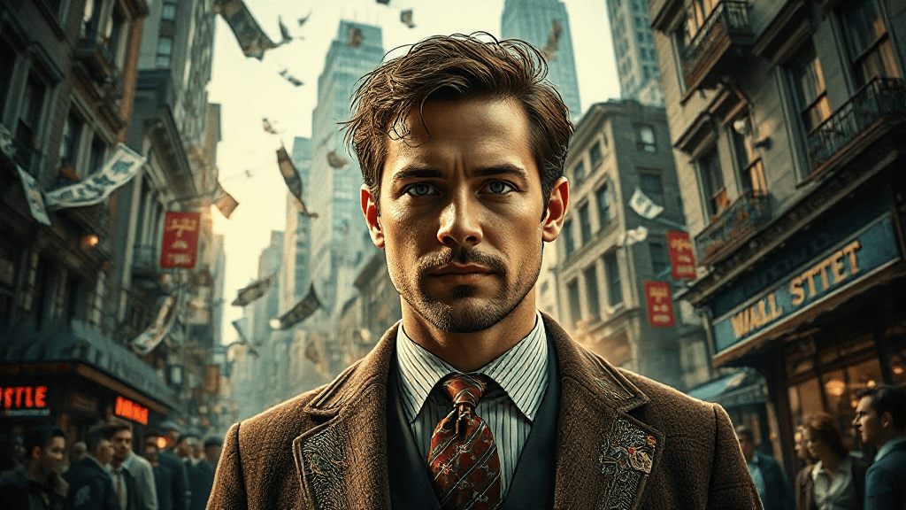A man in a suit stands confidently on a bustling city street with skyscrapers in the background. Paper money is floating in the air.