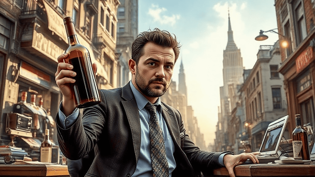 Man in a suit holding a wine bottle while sitting at an outdoor table in a city street setting with tall buildings.