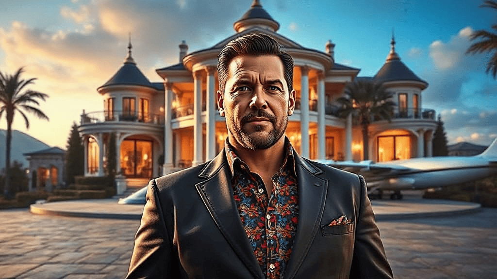 A man in a floral shirt and suit jacket stands confidently in front of a grand mansion with a private jet parked nearby.