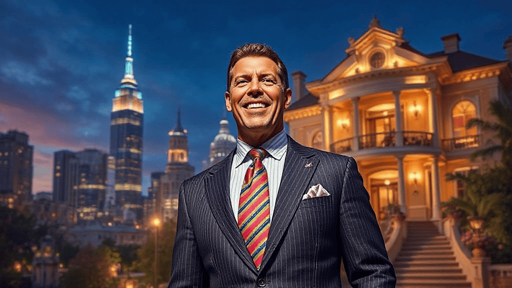 A smiling man in a striped suit stands in front of a large, illuminated house with a city skyline in the background during twilight.