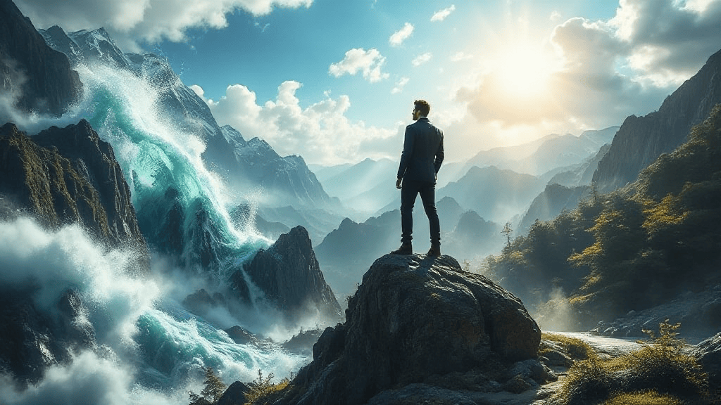 Person standing on a rock overlooking dramatic mountain landscape with cascading waterfall and bright sun.