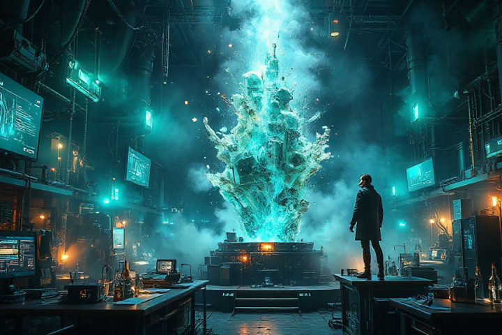 A person stands on a desk observing a large, glowing, abstract structure in an industrial room filled with computer screens and equipment.