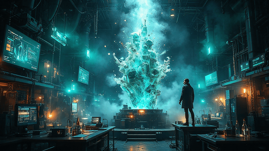 A person stands on a desk observing a large, glowing, abstract structure in an industrial room filled with computer screens and equipment.