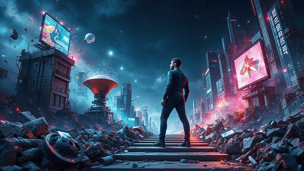 A man stands on a futuristic city street, surrounded by rubble and glowing billboards. The scene features neon lights and a dramatic, dystopian atmosphere.