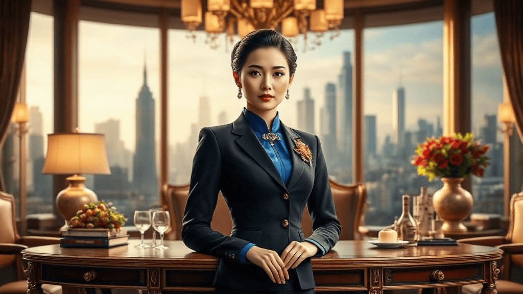 A woman in a blue blouse and dark blazer stands in an elegant room with a cityscape view. A table with decor and wine is in the background.