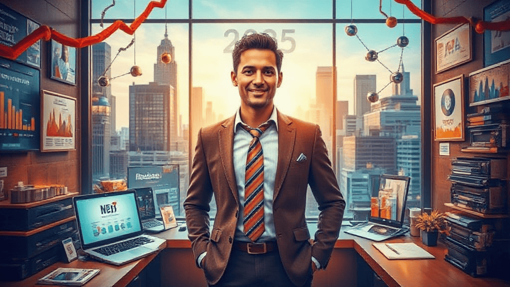 Smiling man in a suit stands in an office decorated with red streamers, against a cityscape backdrop with the year "2025" on the window. Desks around hold digital displays and books.