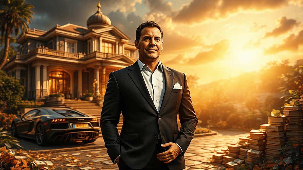 A man in a suit stands confidently in front of a luxurious mansion at sunset, with a sports car and piles of books nearby.