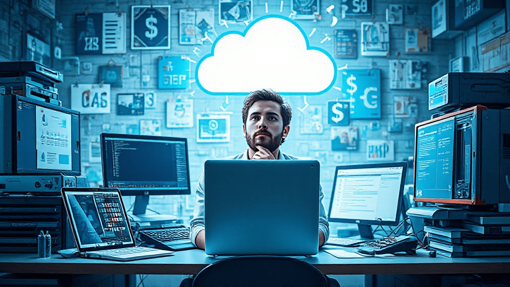 Man surrounded by computers and tech equipment, thinking with a cloud icon above.