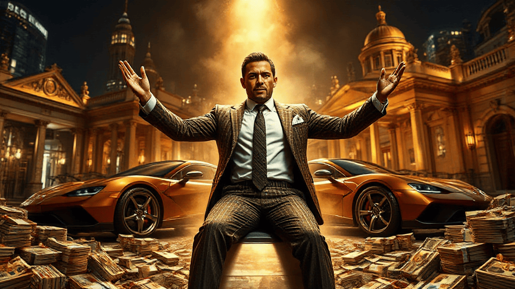 A man in a suit sits confidently with arms outstretched, surrounded by stacks of money. Two luxury cars and grandiose architecture are in the background, with dramatic lighting.