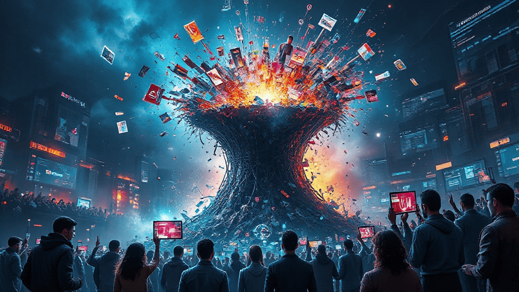 People gather around a large digital vortex emitting light and digital media in a futuristic cityscape.