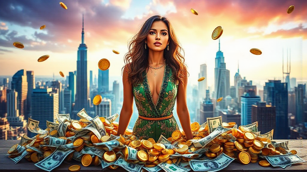 A woman in a green dress stands amidst piles of cash and gold coins with a city skyline and dramatic sunset in the background.