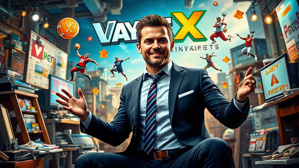 A man in a suit smiles as he sits in an office filled with clutter. Floating around him are animated figures playing various sports, alongside the text "Vay X" and game-themed elements.
