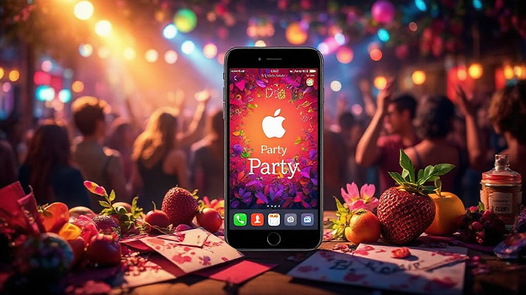 Smartphone displaying a colorful "Party" screen with vibrant flowers and strawberries. Background features a lively party scene with blurred lights and dancing people.