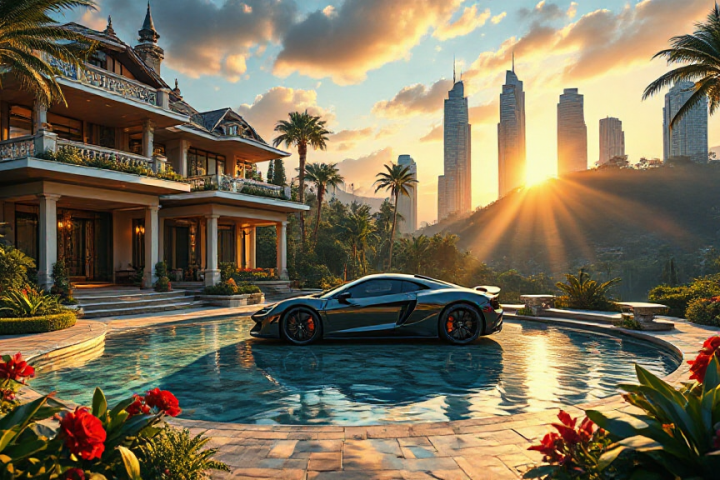 A sleek luxury car is parked in a circular water feature in front of a grand villa, with skyscrapers in the background and a vibrant sunset sky.