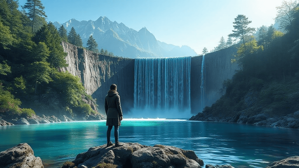 Person standing on rocks, overlooking a wide waterfall cascading into a blue lake, surrounded by trees and mountains under a clear sky.
