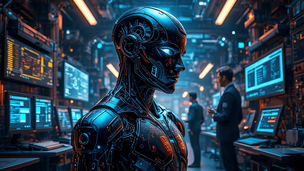 Futuristic robot with glowing blue eyes in a high-tech control room with screens and people in the background.