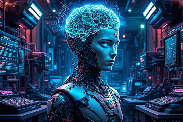 A humanoid robot with a glowing, translucent brain stands in a room filled with monitors and electronics. The setting is futuristic and dimly lit with blue neon tones.