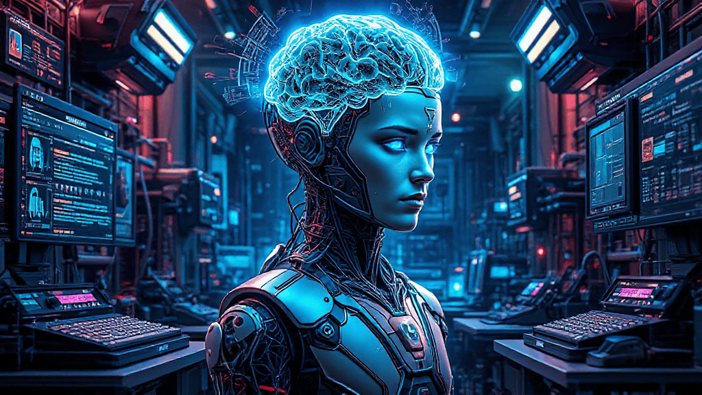 A humanoid robot with a glowing, translucent brain stands in a room filled with monitors and electronics. The setting is futuristic and dimly lit with blue neon tones.