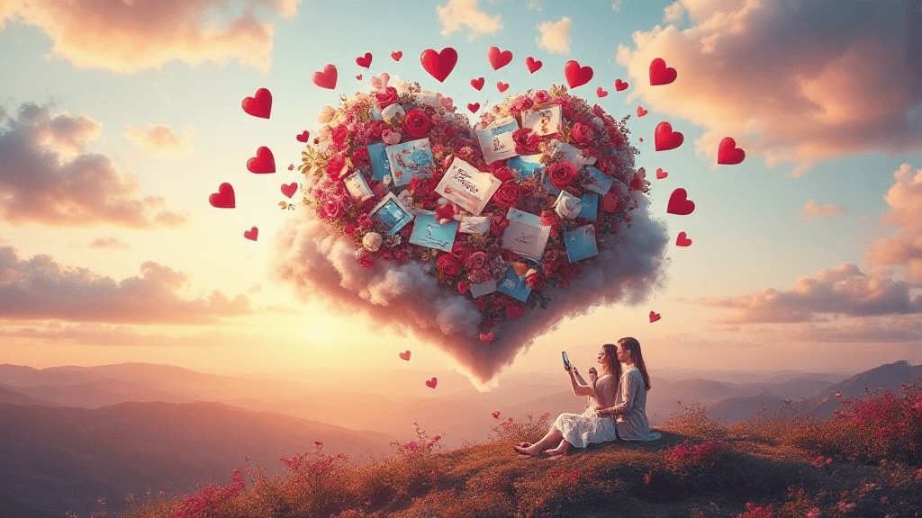 Two people sitting on a grassy hill at sunset look at a phone. A large heart-shaped cloud of roses, books, and letters floats above them, surrounded by smaller red hearts.